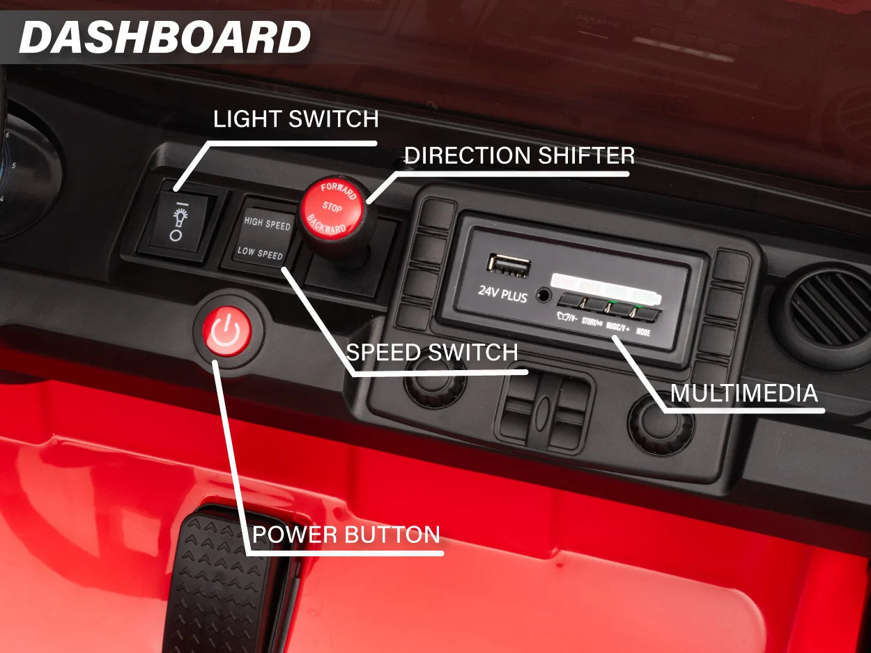 Kids ride-on Jeep dashboard with light, speed and direction controls, power button and multimedia player
