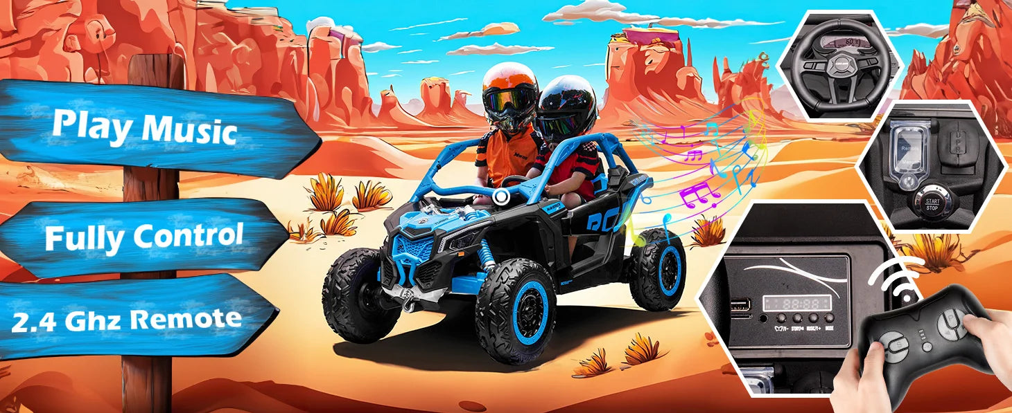 Two children riding a 24V UTV with music player and 2.4 GHz parental remote control