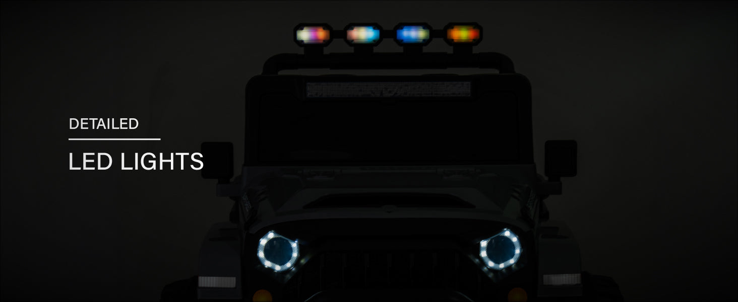 24V kids ride-on Jeep with bright LED headlights and roof lights