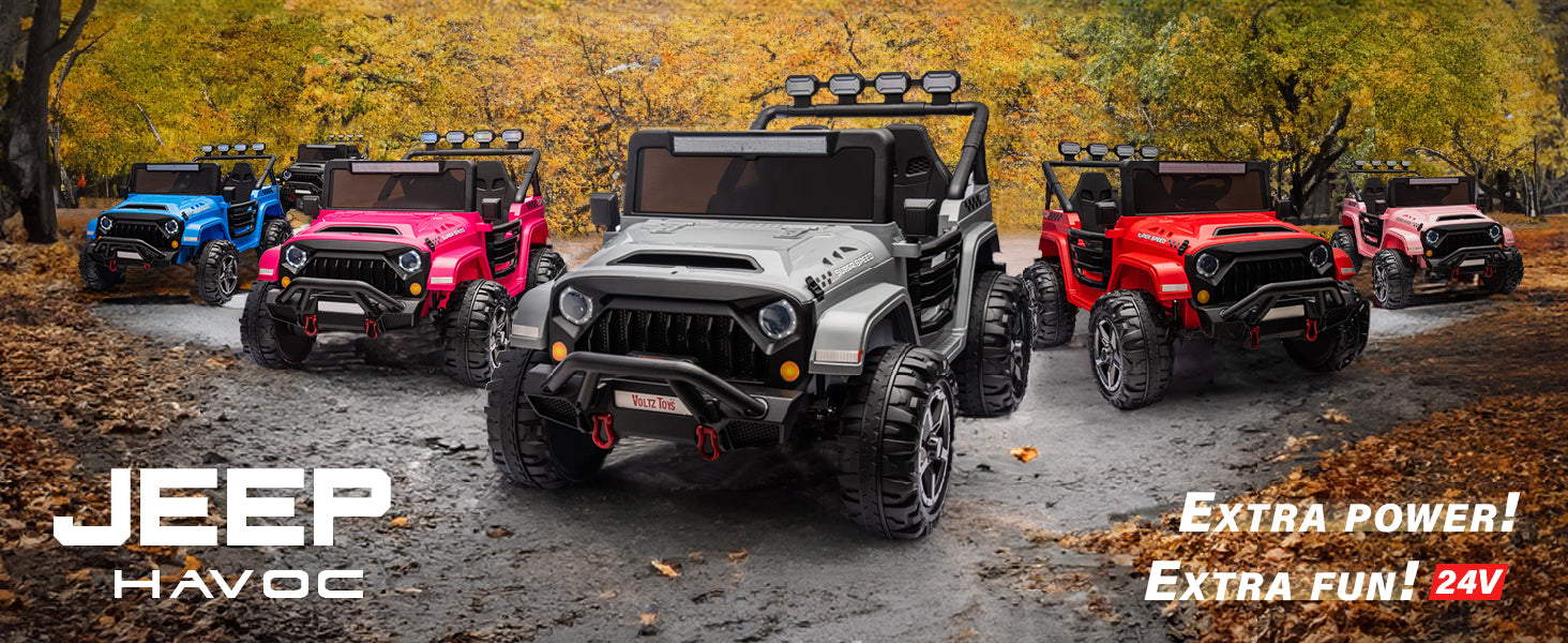 24V two-seater kids ride-on Jeep HAVOC in multiple colors for outdoor adventures