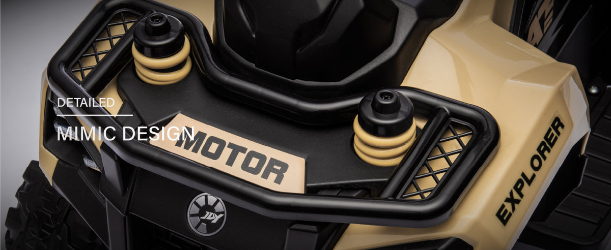 Kids ride-on ATV with realistic front bumper and detailed design