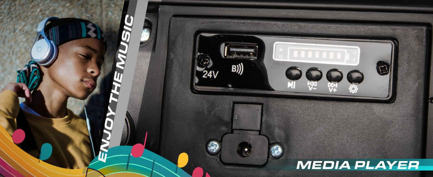 24V kids ride-on Jeep media player with USB port, music controls and battery indicator