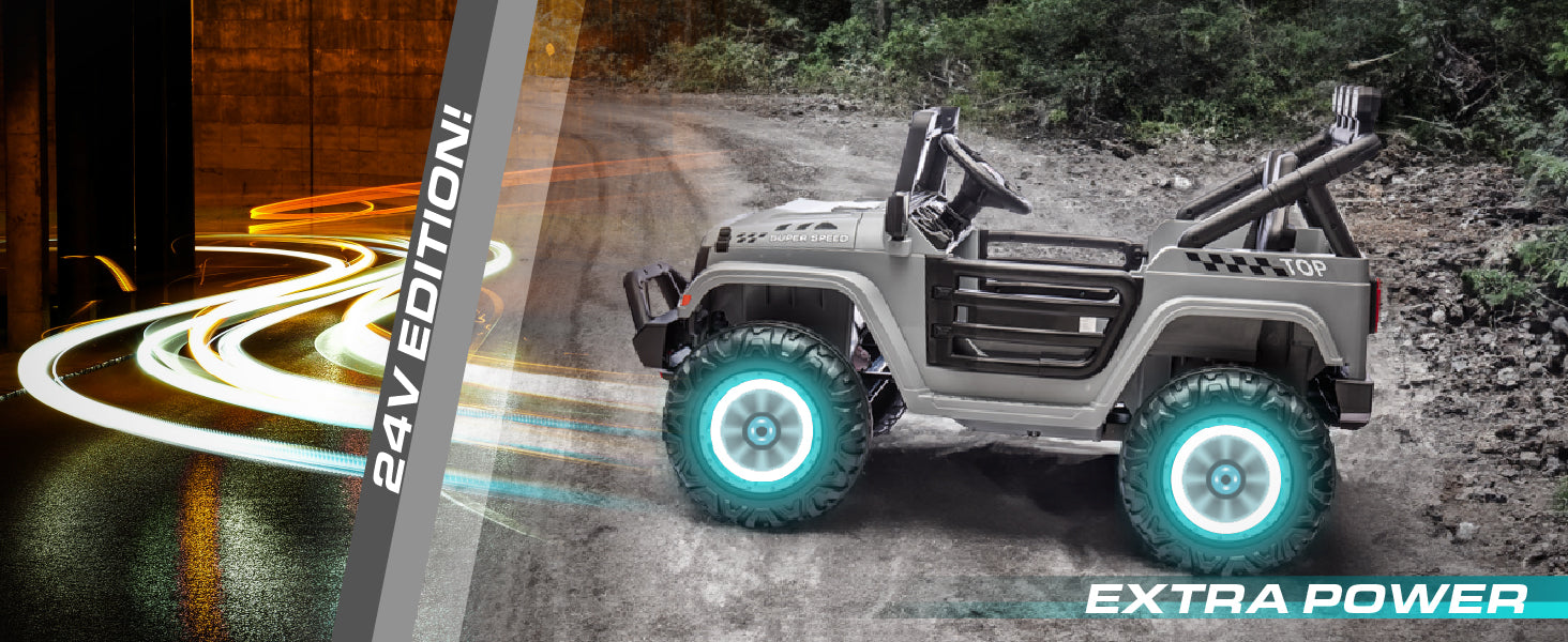 24V kids ride-on Jeep with illuminated wheels designed for powerful outdoor riding