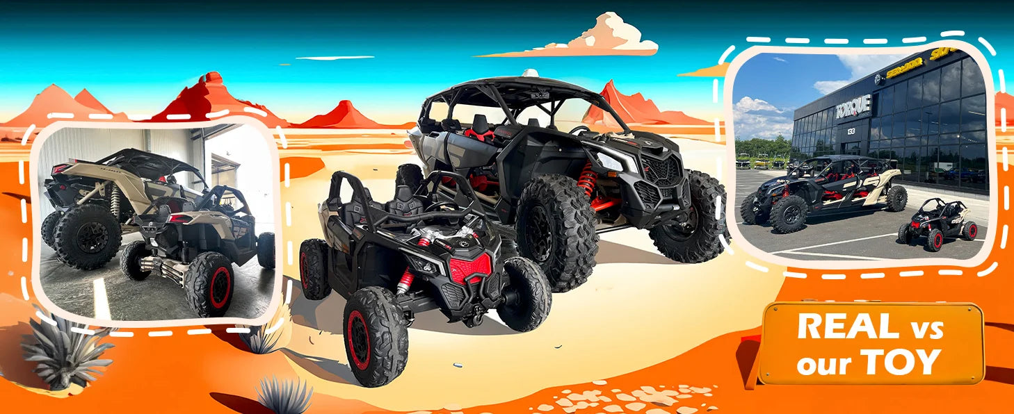 Kids ride-on UTV buggy shown beside a full-size Can-Am off-road vehicle