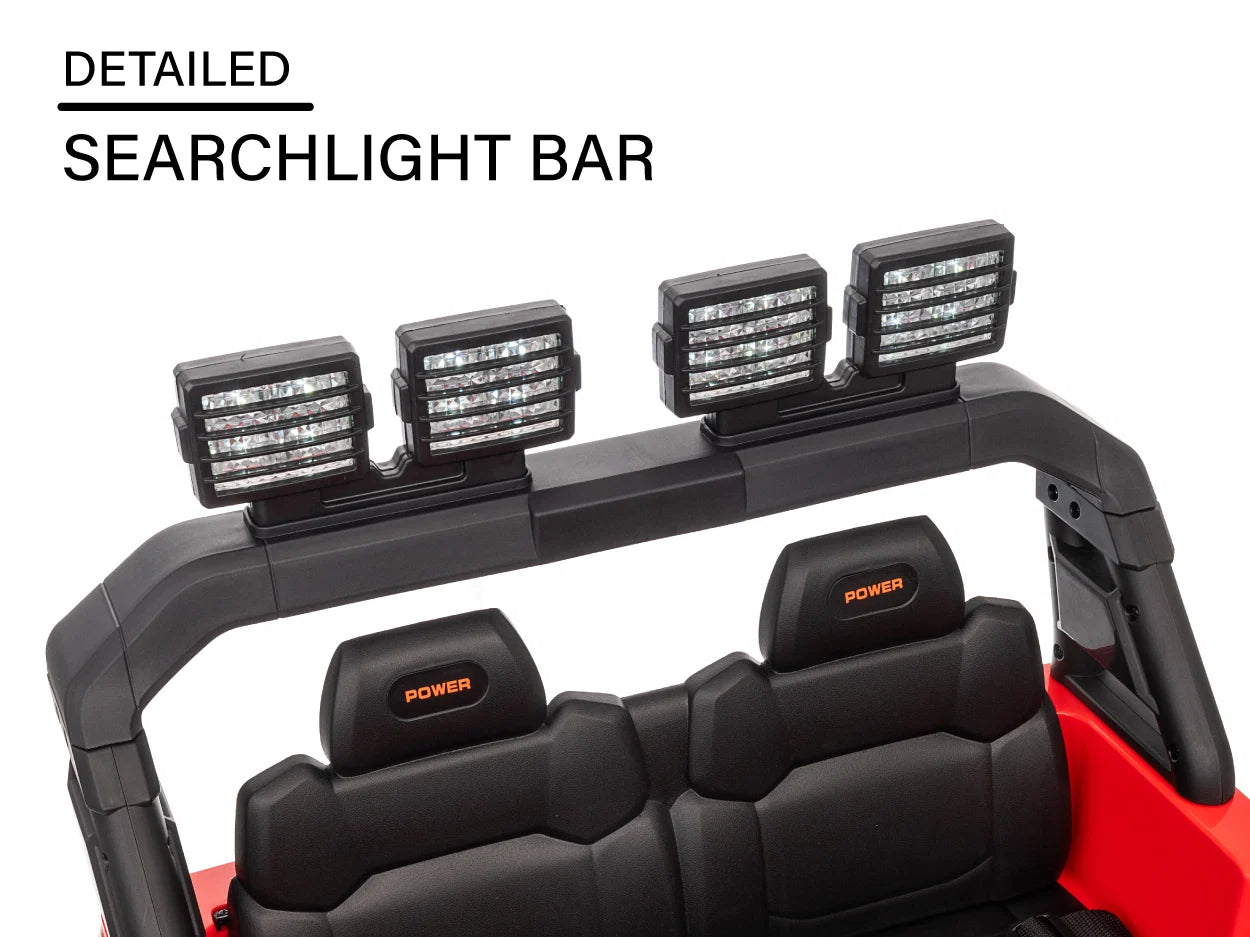 Four roof-mounted LED searchlights above the two seats of the kids ride-on Jeep