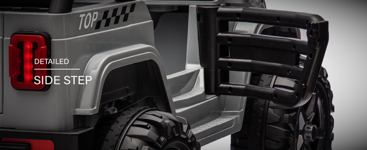 Kids ride-on Jeep side step and door detail for easy access