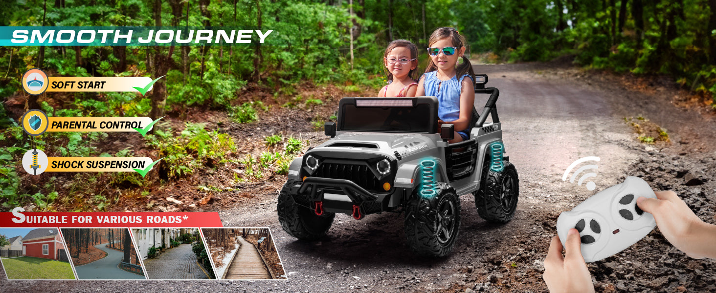 24V kids ride-on Jeep with parental remote control, soft start and shock suspension