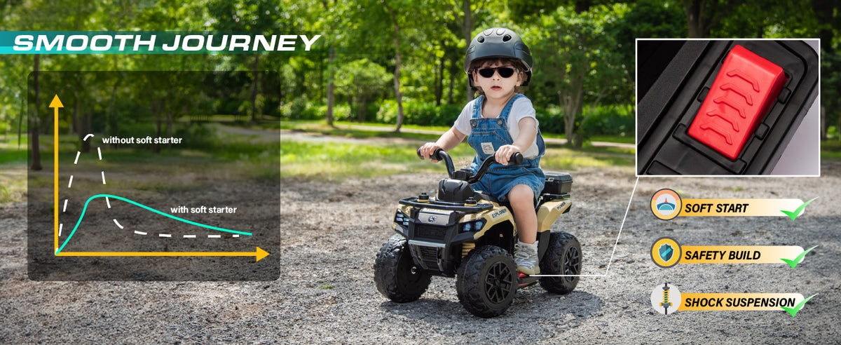 Kids electric ATV with soft start and shock suspension for a smooth ride