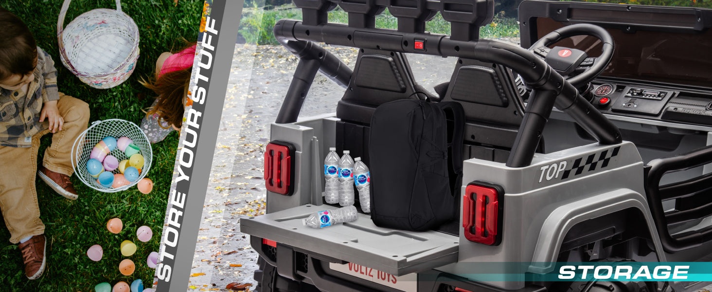 24V kids ride-on Jeep with spacious rear storage area for toys and outdoor essentials