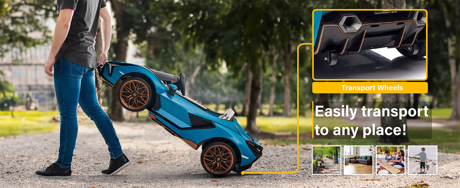 Lamborghini Sian kids ride-on car with transport wheels for easy carrying