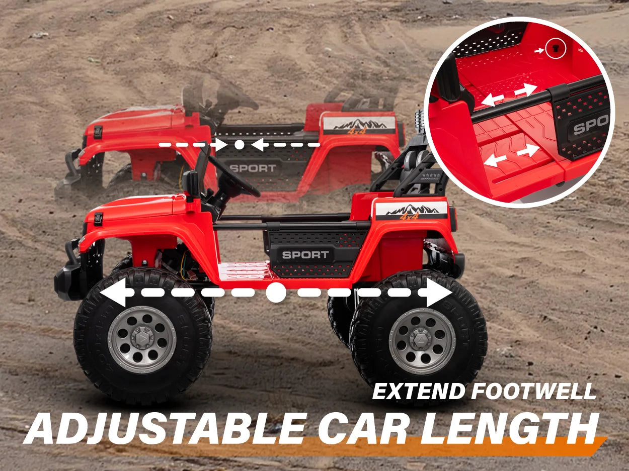 Adjustable-length kids ride-on Jeep with extendable footwell