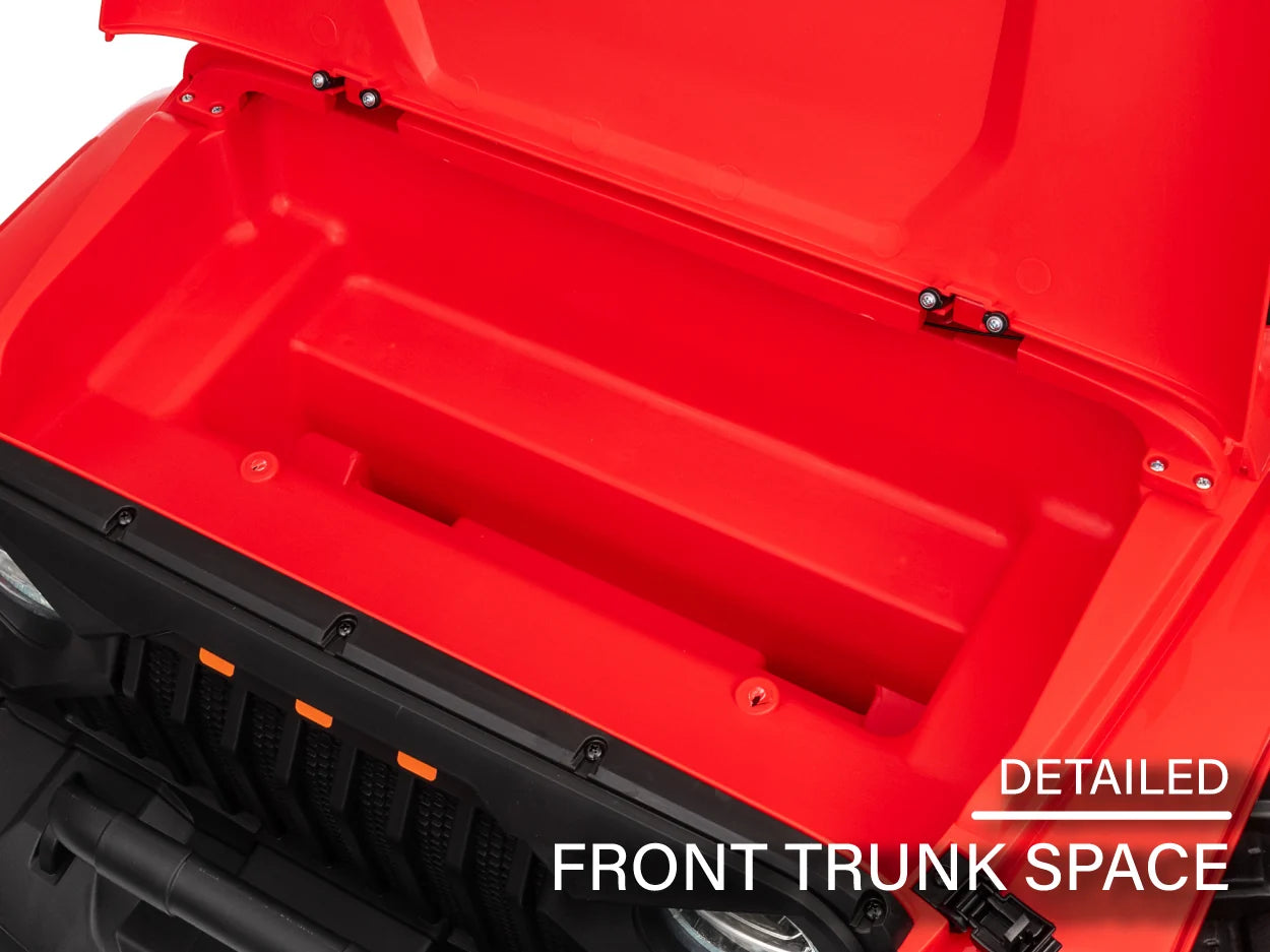 Front storage compartment under the hood of the kids ride-on Jeep
