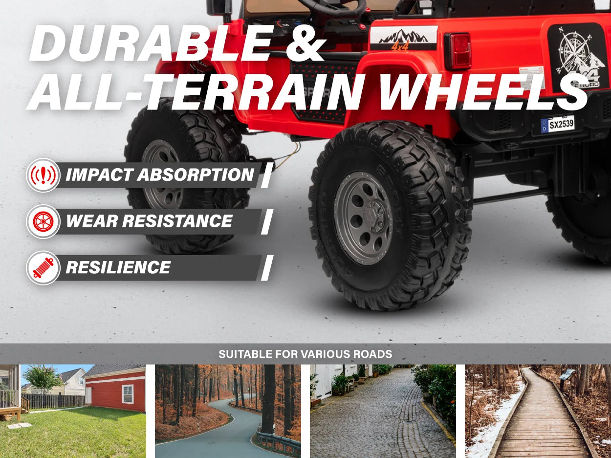 Durable all-terrain wheels with impact absorption and wear resistance on the kids ride-on Jeep