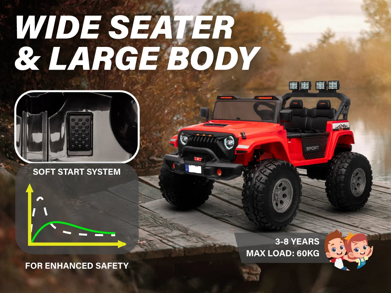 Wide two-seater kids ride-on Jeep with soft-start system for ages 3–8