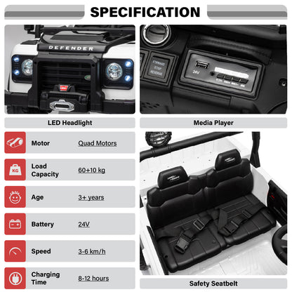 Official Licensed Classic Land Rover Defender 24V 2 Seater Kids Ride-On Car with Remote Control
